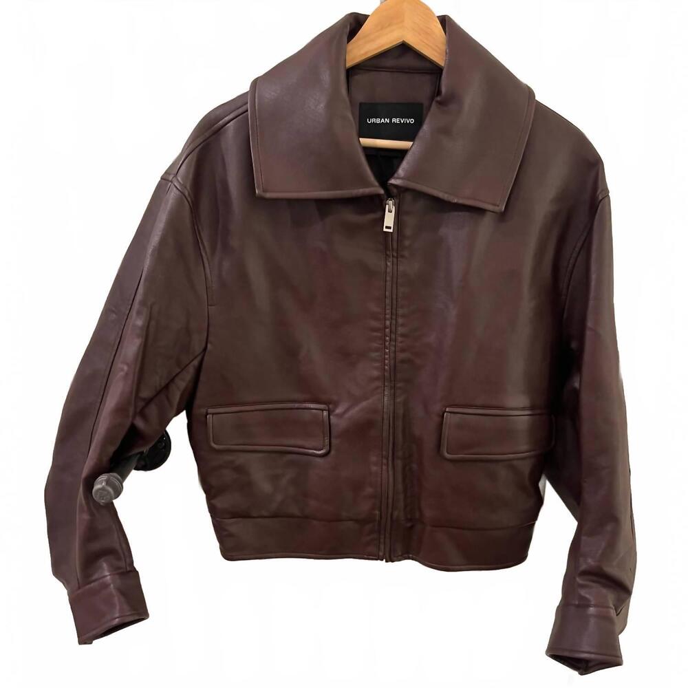 NEW URBAN REVIVO women's vegan leather jacket in brown